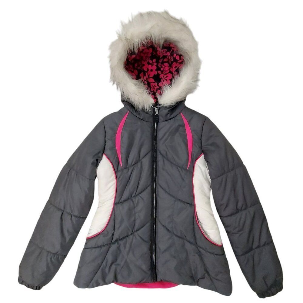 London Fog Hooded Puffer Jacket Girls L 14/16 Gray Full Zip Faux Fur Winter Warm